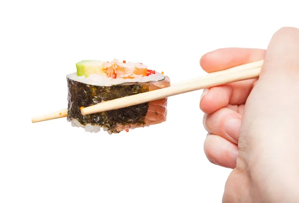 Mano Femminile Con Bacchette Usa Getta Tiene Occidentale Stile Sushi — Foto Stock