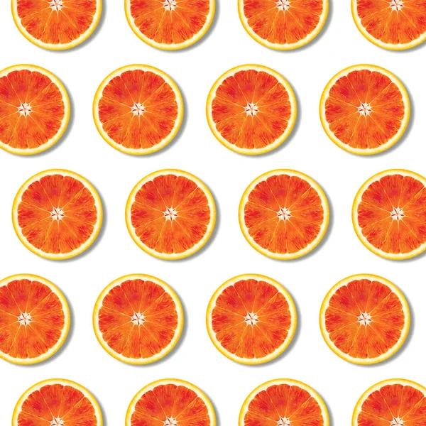 Rote Orangenscheiben Muster Auf Weißem Hintergrund Minimale Flache Lageansicht Nahrungsmitteltextur — Stockfoto