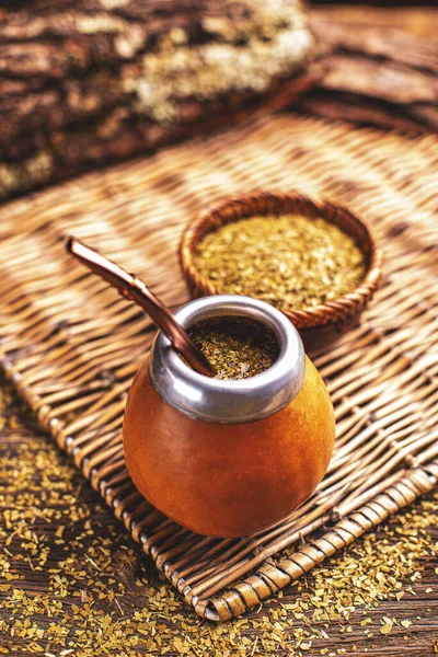 Mate Calabash Con Bombilla Vassoio Bambù — Foto Stock