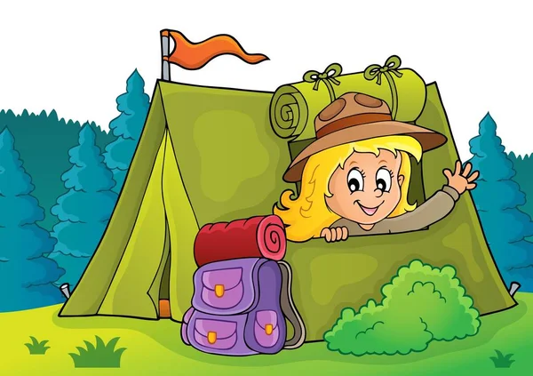 Scout Fille Dans Tente Thème Illustration Image — Photo