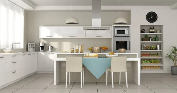 Minimalistische Witte Keuken Met Eiland Rendering — Stockfoto