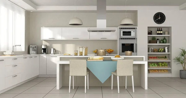 Cucina Minimalista Bianca Con Isola Rendering — Foto Stock