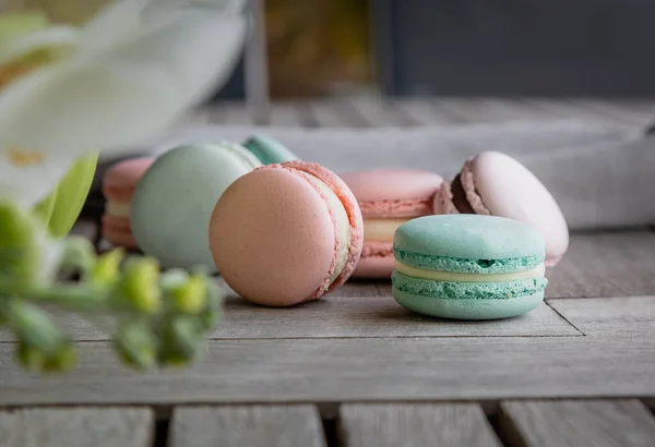 Homemade Fresh Colorful French Macarons Cake Natural Concrete Wooden Background — Stock Photo, Image