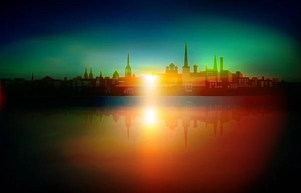 带着塔林绿色日出背景的轮廓的抽象城市图 — 图库照片