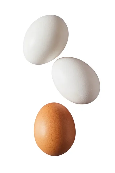 Três Ovos Inteiros Galinhas Frescas Bruto Cozidos Marrons Brancos Nas — Fotografia de Stock