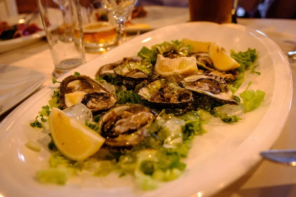 Plato Ostras Una Mesa Croation Con Ensalada Limones — Foto de Stock