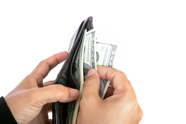 Mulher Tirando Notas Dólar Dinheiro Carteira — Fotografia de Stock