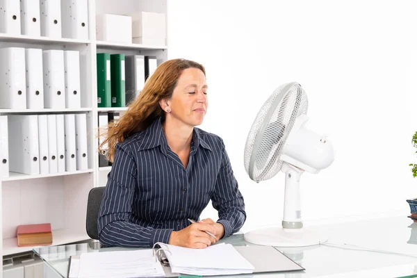 Mujer Negocios Con Ventilador Escritorio Oficina Verano Caliente — Foto de Stock