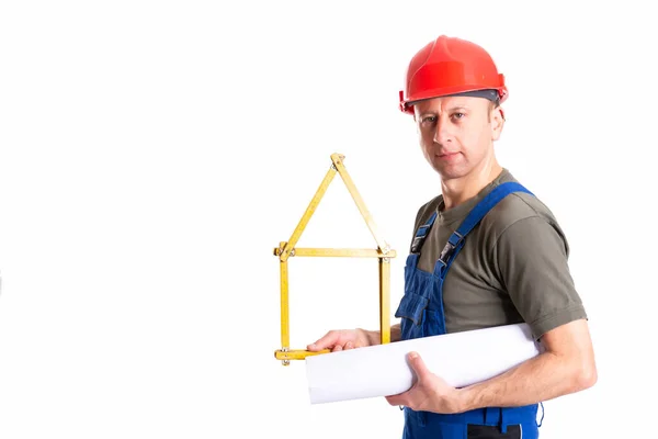 Jeune Homme Coiffé Casque Une Chemise Bleue Tient Une Feuille — Photo