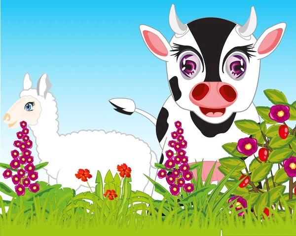 動物の牛と羊は花と年の草原に落ちる — ストック写真