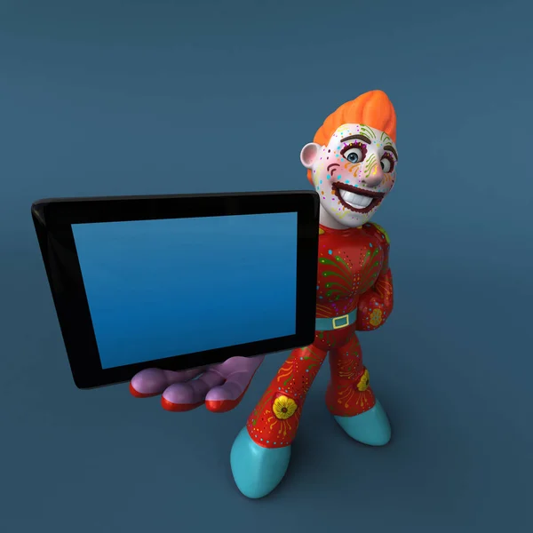 Personagem Desenho Animado Divertido Com Ilustração Tablet — Fotografia de Stock