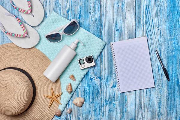 Beach Accessories Flip Flops Straw Hat Sunglasses Sunscreen Towel Blank — Stock Photo, Image