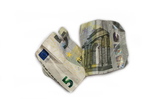 Разорванные Разорванные Деньги Реально Сломанная Купюра Пять Евро Изолированная Белом — стоковое фото
