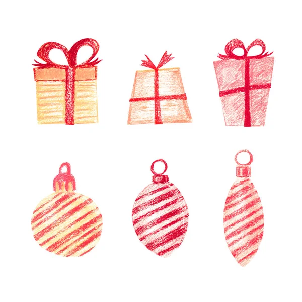 一套圣诞树玩具和礼物 圣诞球和柔和的彩色冰柱与对角条纹与扣 包装纸中的三个节日盒 带红丝带 — 图库照片