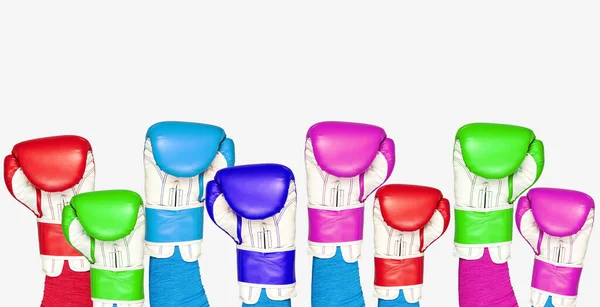 Nombreuses Mains Habillées Cuir Multicolore Brillant Gants Boxe Soulevés Concept — Photo