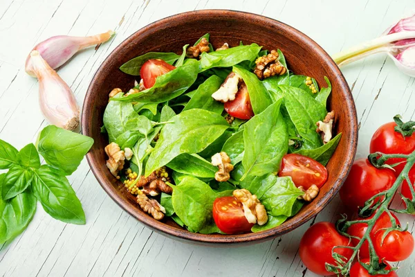 Sommar Sallad Med Fräsch Grön Sallad Med Spenat Och Ängssyra — Stockfoto