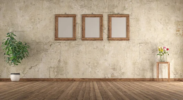 Ancienne Pièce Vide Avec Cadre Bois Sur Mur Grunge Rendu — Photo