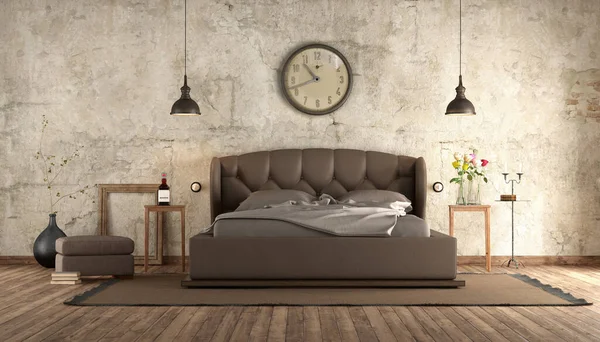 Dormitorio Principal Con Cama Doble Marrón Contra Pared Vieja Renderizado — Foto de Stock