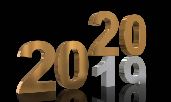 2019 2020 年年度转弯 黑色背景前的金色和银色数字 — 图库照片
