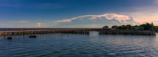 Longa Ponte Madeira Vermelha Longo Mar Bambu Proteção Costeira Das — Fotografia de Stock