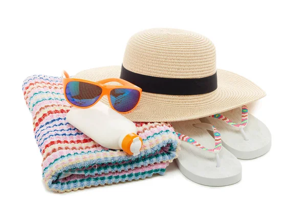 Accesorios Playa Chanclas Sombrero Paja Gafas Sol Protector Solar Aislado — Foto de Stock