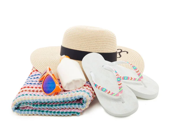 Beach Accessories Flip Flops Straw Hat Sunglasses Sunscreen Isolated White — Stock Photo, Image