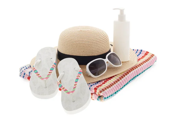 Beach Accessories Flip Flops Straw Hat Sunglasses Sunscreen Isolated White — Stock Photo, Image