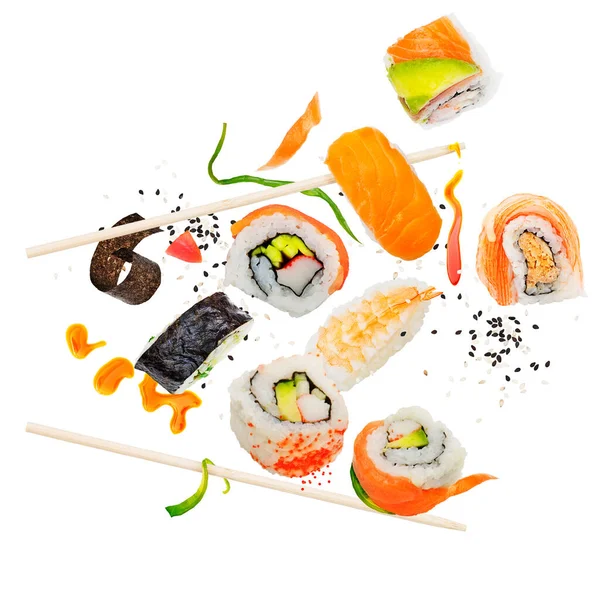 Rollos Sushi Ingredientes Con Palillos Madera Aislados Sobre Fondo Blanco —  Fotos de Stock