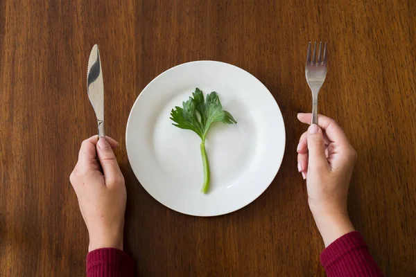 Diet Concept One Green Vegetable Empty White Plate Woman Hands — Stock Photo, Image