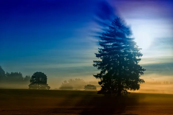 Солнце Ниже Туман Тяжелый Осень Приносит Новые Краски Страну — стоковое фото