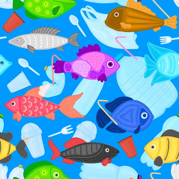 Vector Seamless Pattern Fish Swims Garbage Stop Plastic Ocean Pollution — Stock Photo, Image