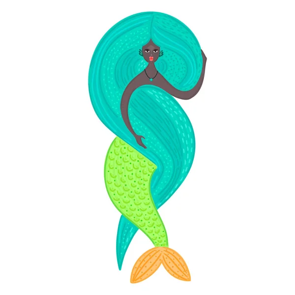Vector Mermaid African American Sea Girl Beautiful Woman Tail Nixie — Stock Photo, Image