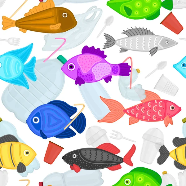 ゴミの中で泳ぐ魚とベクトルシームレスなパターン プラスチック製の海洋汚染を止める 脅威にさらされた海洋生物 水の中のゴミ 水中のゴミ 環境保護 ヘッダー ポスター — ストック写真