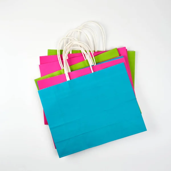 Rectangular Multi Colored Paper Shopping Bags Handles White Background Flat — Stock Photo, Image