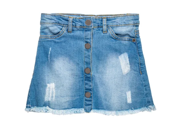 Jeansova Sukně Blízká Sexy Džínsy Krátkými Modrýma Izolovaná Bílém Pozadí — Stock fotografie
