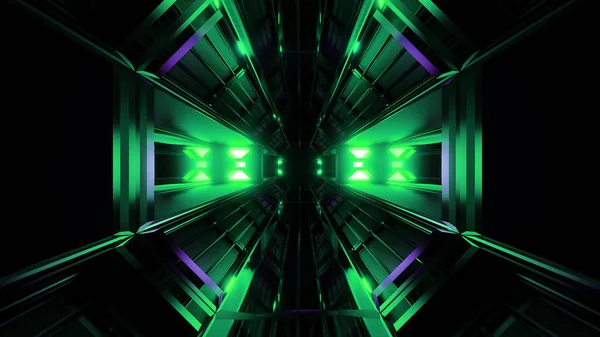 Ciemny Czarny Tunel Przestrzeni Zielonym Świecącym Artefaktem Vjloop Tło Renderowania — Zdjęcie stockowe