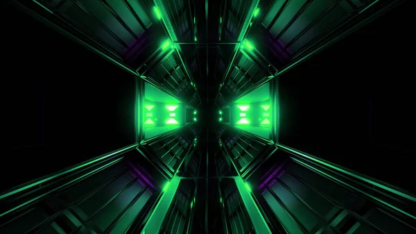 ダークブラックスペーストンネル緑輝く芸術3Dレンダリングの背景 素敵な輝くライトと未来的な近代的な宇宙船の廊下の壁紙 — ストック写真