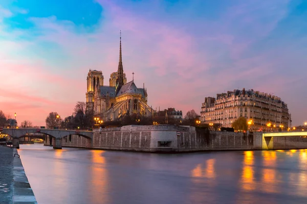 Pintoresca Puesta Sol Sobre Catedral Notre Dame París Destruida Incendio —  Fotos de Stock