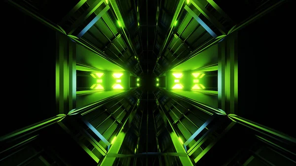 暗黑空间隧道 绿色发光文物3D渲染背景 未来的现代太空飞船走廊壁纸 有漂亮的发光灯 — 图库照片
