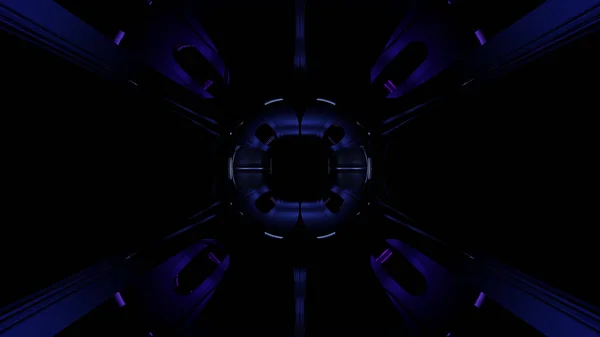 具有辉光3D渲染背景的方格式黑暗空间隧道 具有灯光的未来派现代宇宙飞船走廊 — 图库照片