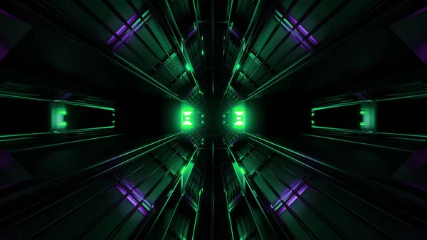 Dark Black Space Tunnel Green Glowing Artefact Rendering Background Futurisctic — Stock Photo, Image