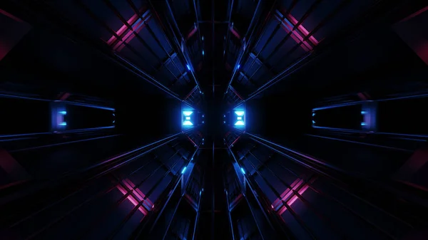Donkere Zwarte Ruimte Tunnel Met Blauwe Gloeiende Artefact Rendering Achtergrond — Stockfoto