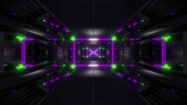Dunkler Schwarzer Weltraumtunnel Mit Leuchtenden Lichtern Rendering Hintergrund Futuristische Raumkorridor — Stockfoto