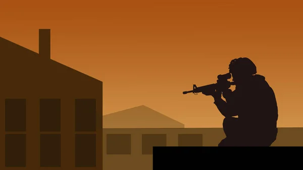 Silhouette Military Sniper Entrenched Roof House — Stock Photo, Image