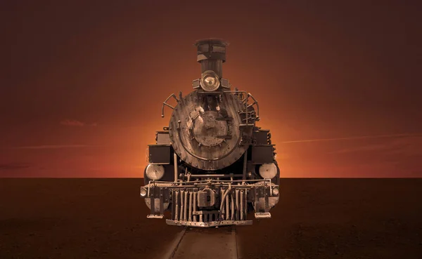 Old Steam Locomotive Steppe Sunset — Stock Photo, Image