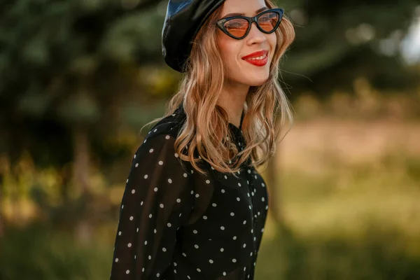 Young Woman Vintage Black Polka Dot Dress Posing — Stock Photo, Image