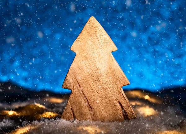 Wooden Christmas Tree Snow Front Blue Background — Stock Photo, Image