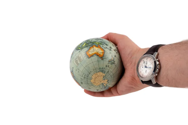 Aardbol Een Menselijke Hand Het Horloge Toont Hoge Tijd Met — Stockfoto