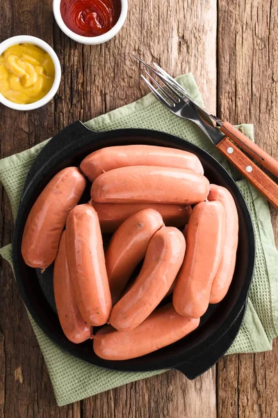 Sausage Bratwurst Cast Iron Plate Fork Knife Ketchup Mustard Side — Stock Photo, Image