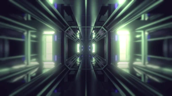 未来主义科幻隧道走廊3D图解背景 现代太空飞船隧道3D渲染墙纸 — 图库照片